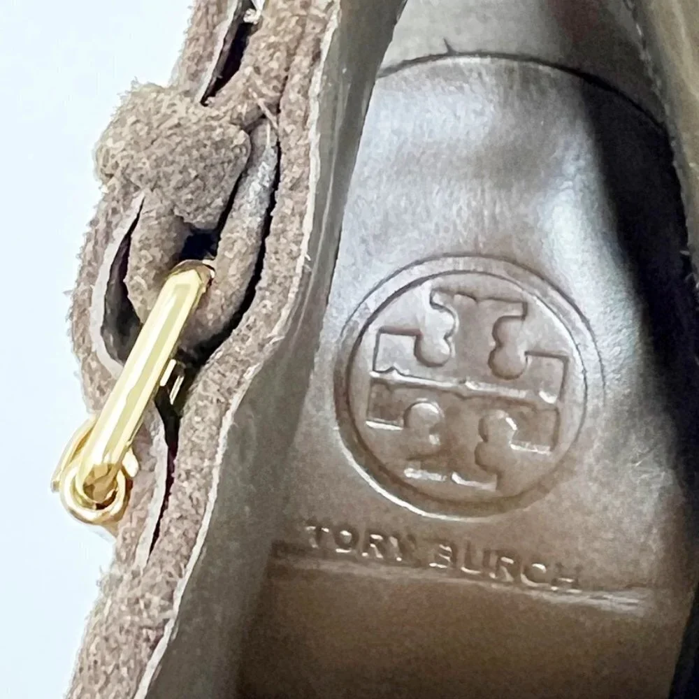 Tory Burch Boots Women's Size 11 Lan Gray Brown Milan Suede Heeled Buckle Bootie